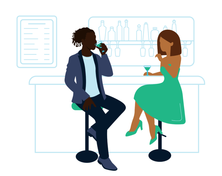 a cartoon illustration of a black couple at a bar in Baltimore, MD